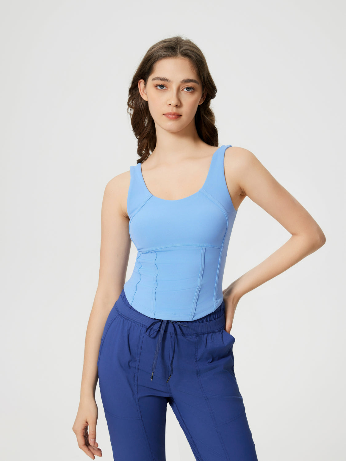 Millennia Round Neck Wide Strap Active Tank with Detachable Chest Pads Light Blue