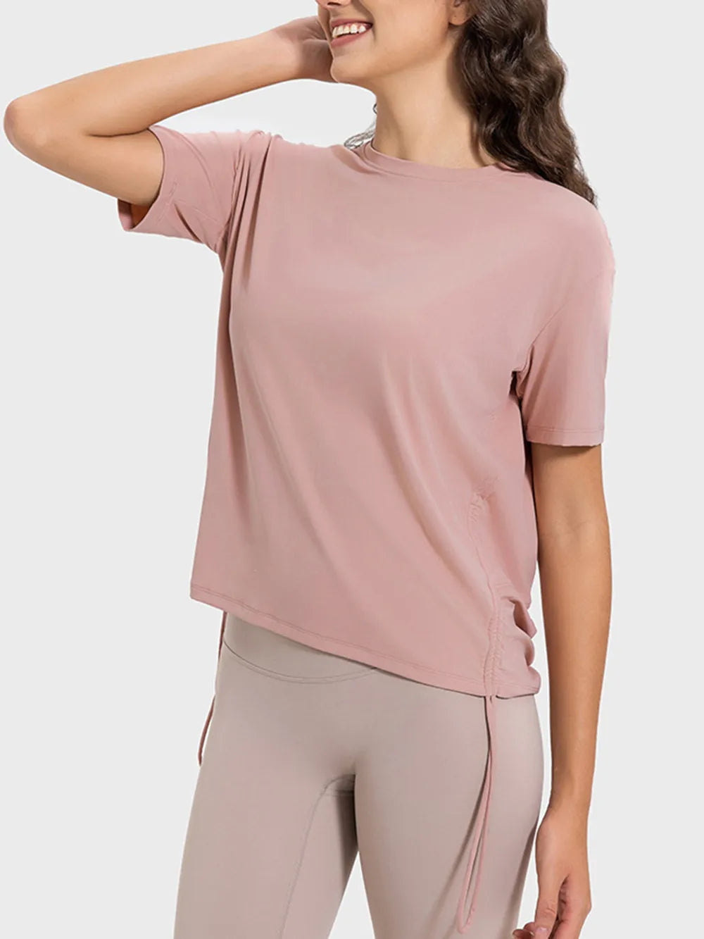 women's millennia drawstring round neck short sleeve active t-shirt - lifestyle shot