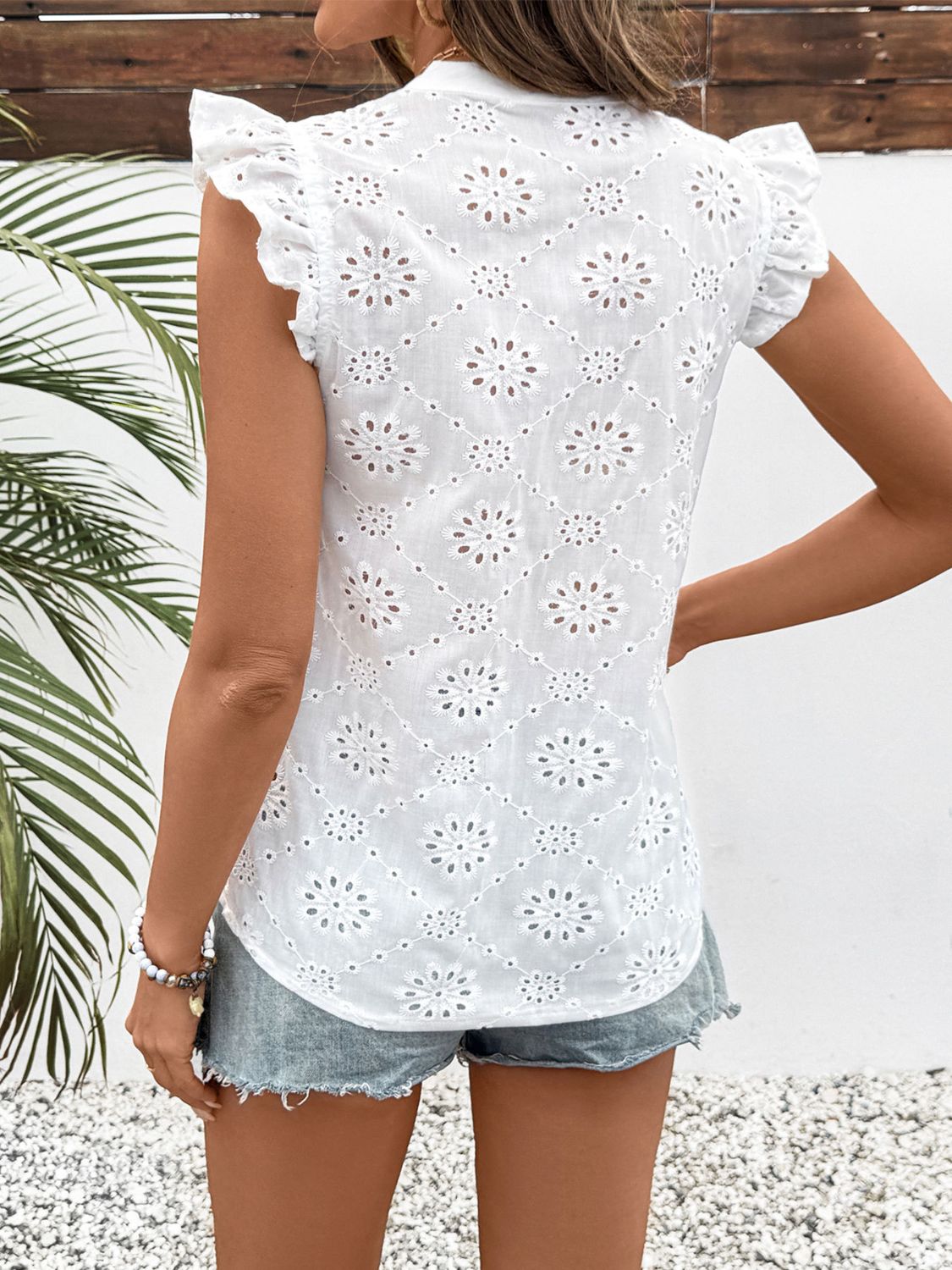 Perfee Eyelet Notched Ruffled Cap Sleeve Blouse