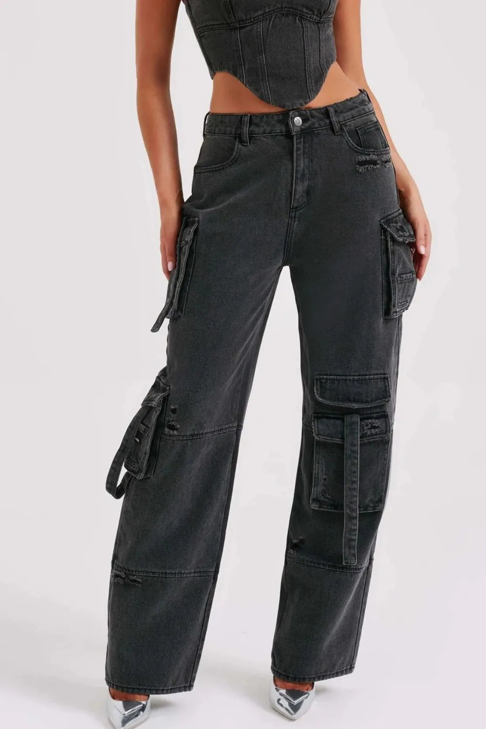 High Waist Cargo Wide Leg Jeans Black