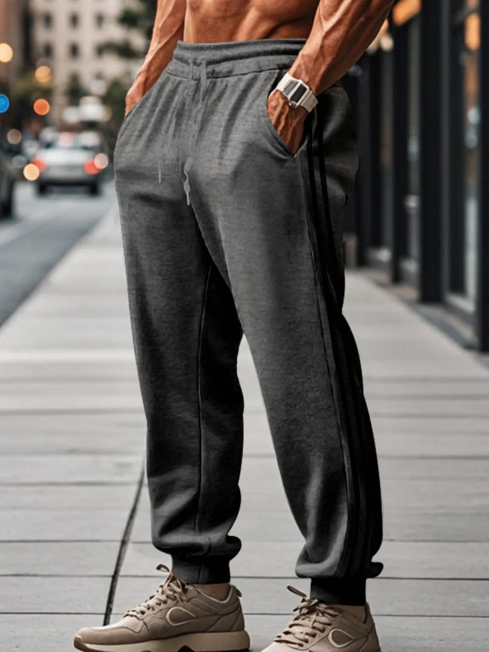 Men's Full Size Drawstring Pants With Pockets Plus Size Dark Gray