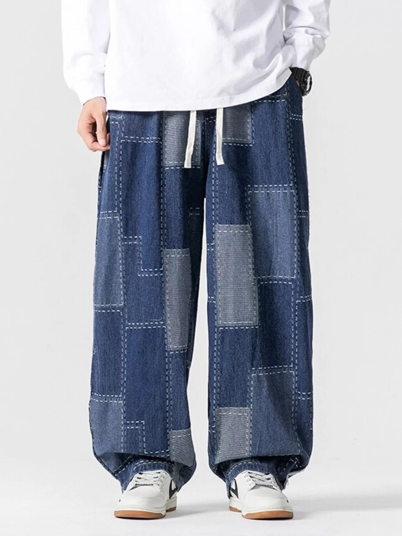 men's men's plus size patchwork wide leg jeans - product showcase