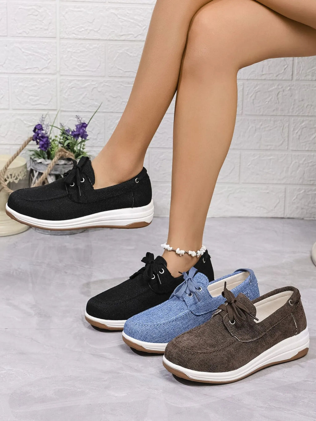 women's lace up wedge sneakers - styled view