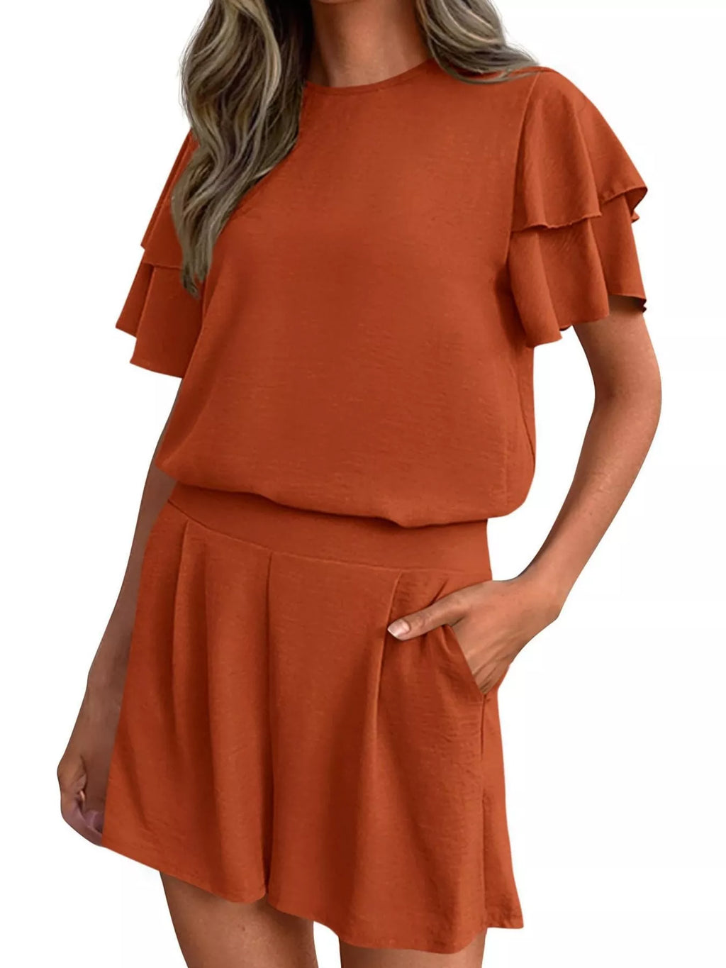 women's ruffle sleeve top and shorts two-piece set - back view