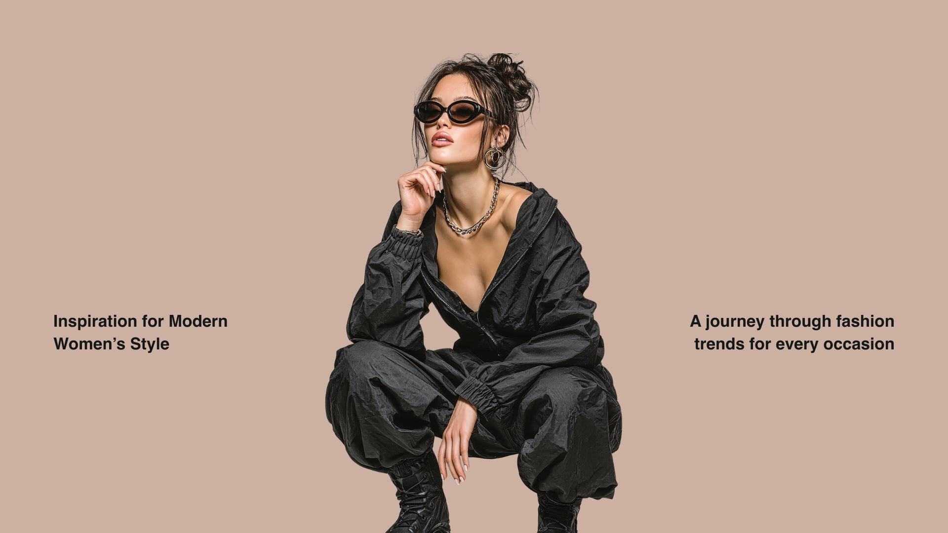 stylish spring homepage banner with fashion model in black outfit and sunglasses on beige background, shop now button and up to 40% off text | donjane