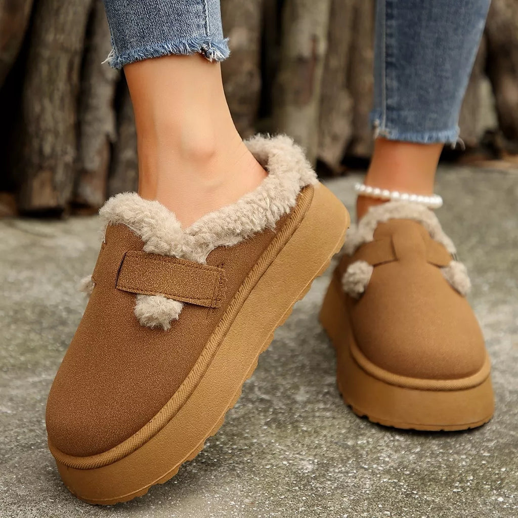 women's fuzzy trim buckle platform slippers - extra view