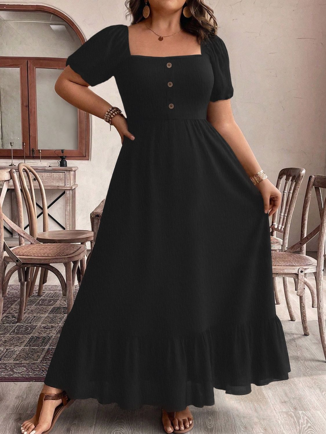 Plus Size Ruffled Hem Square Neck Short Sleeve Dress