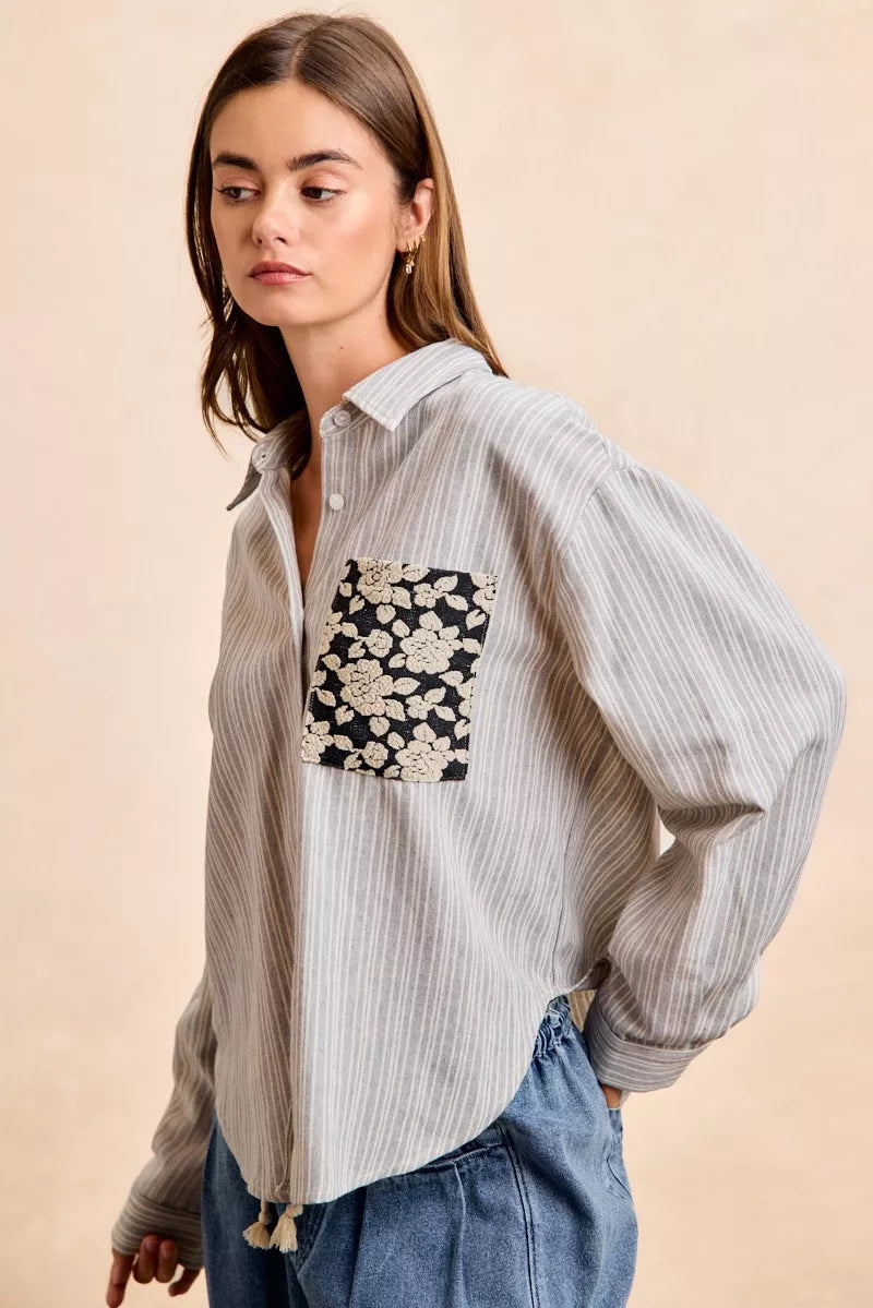 women's bibi flower jacquard knit patch pocket stripe shirt - back view