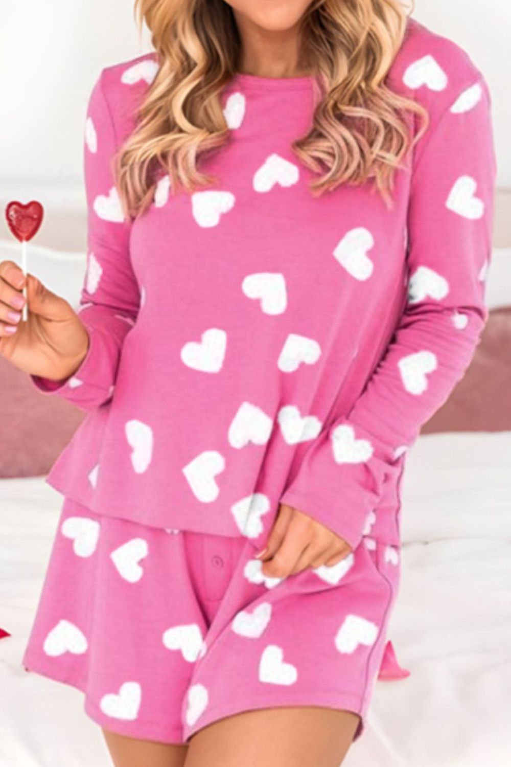 Heart Round Neck Long Sleeve Top and Elastic Waist Shorts Set Hot Pink