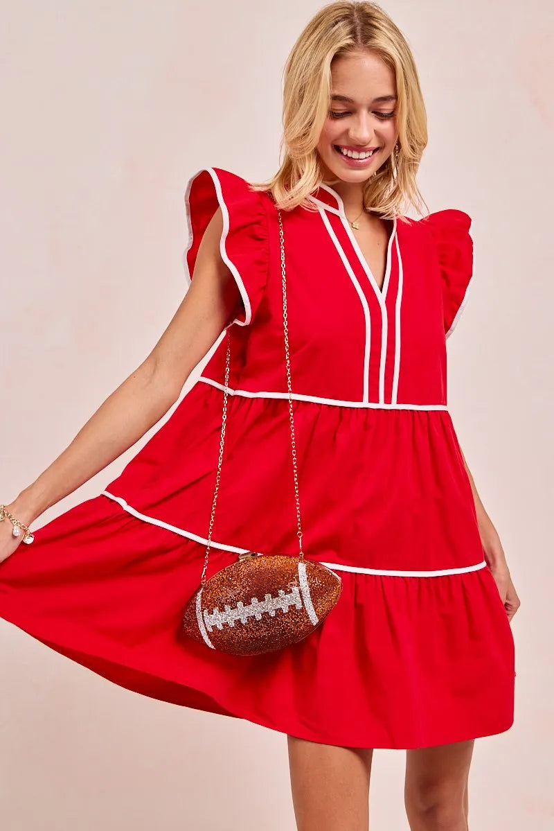 bibi gameday theme contrast binding ruffled dress shown as women’s outerwear