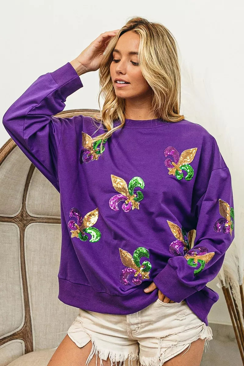 women's bibi fleur de lis sequin patches mardi gras sweatshirt - product detail