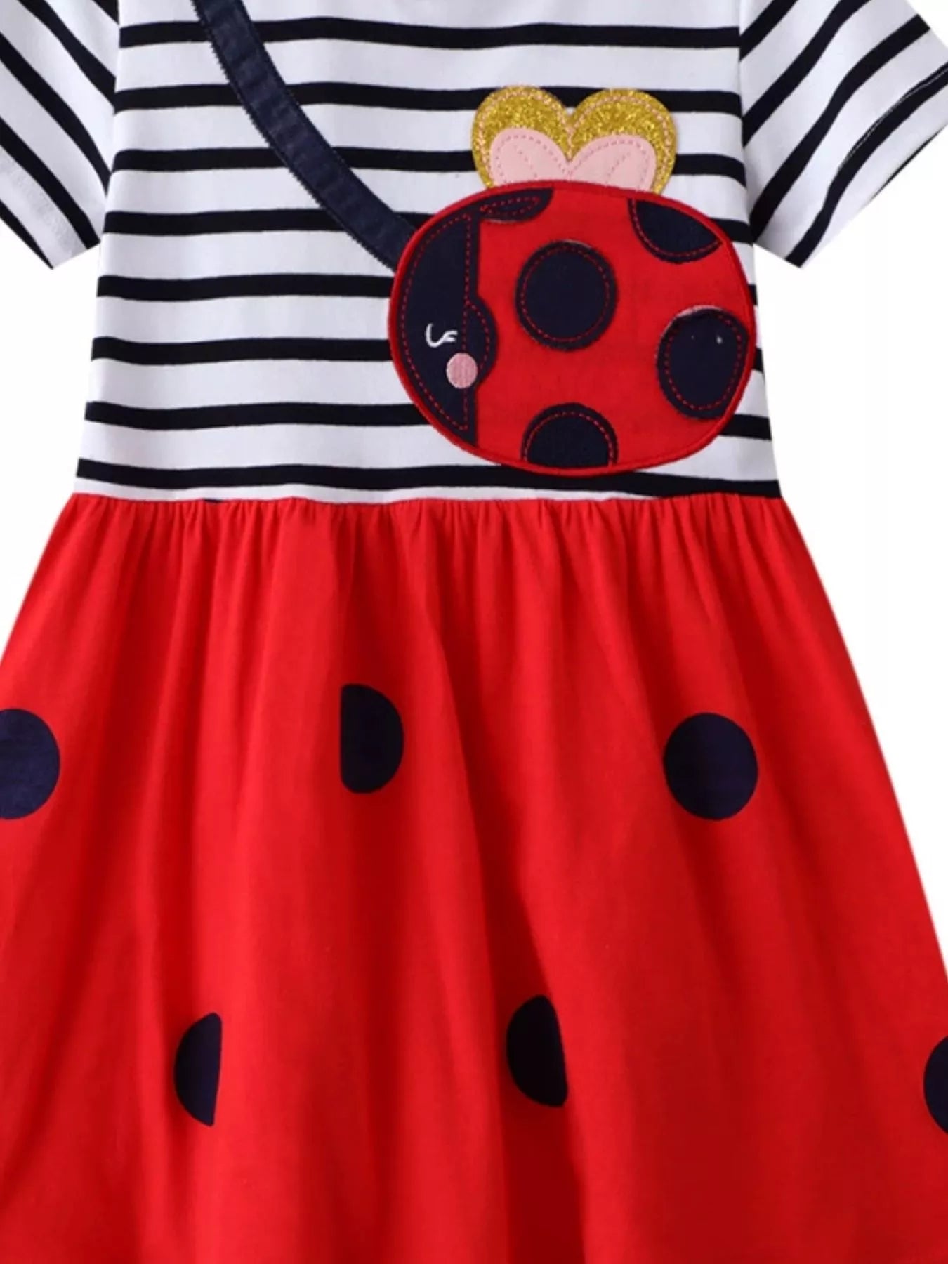women's children's ladybug applique striped casual dress - additional angle