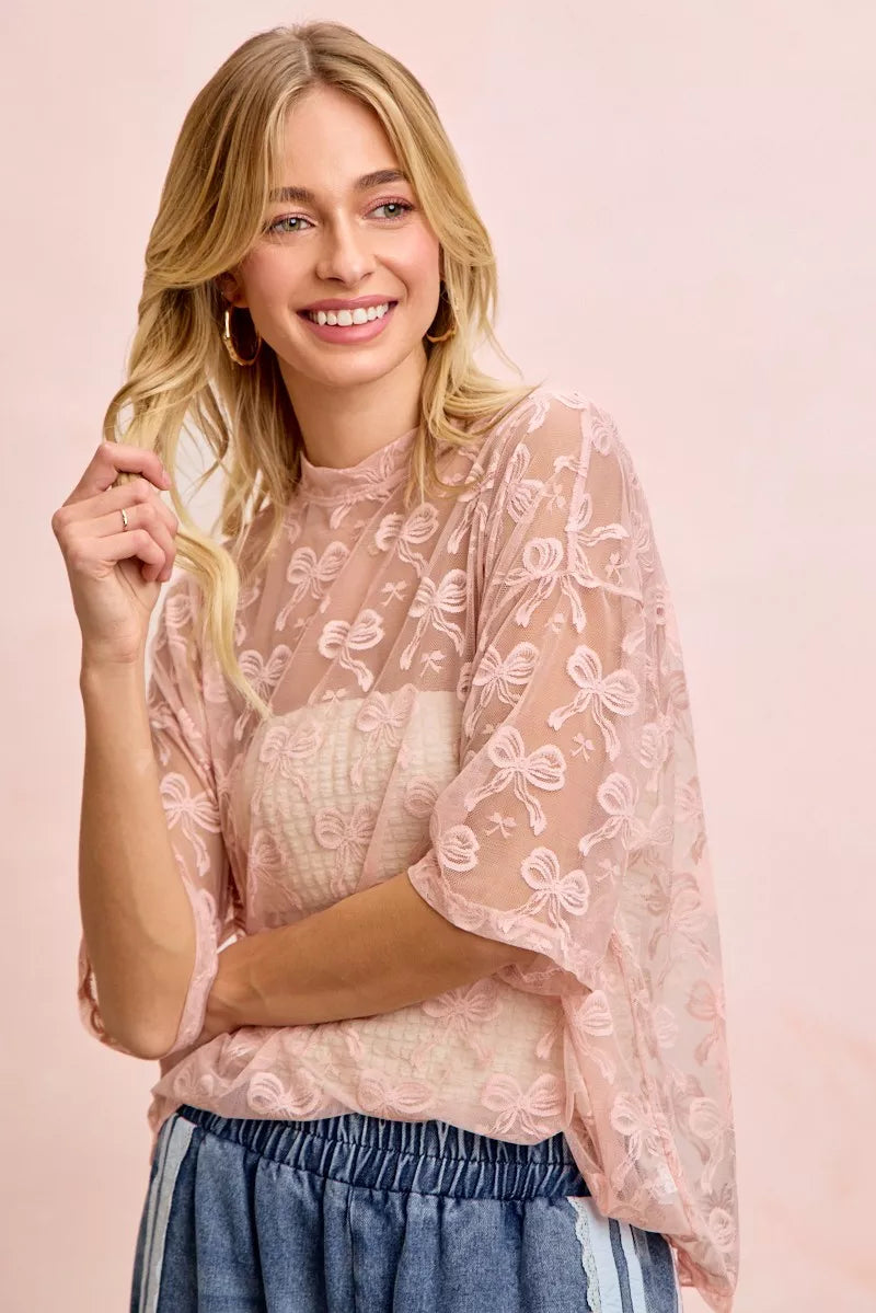 women's bibi bow pattern short sleeves boxy mesh top - additional image