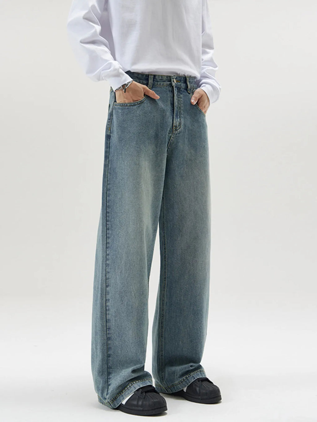 men's men's full size vintage wash wide leg jeans plus size - second view