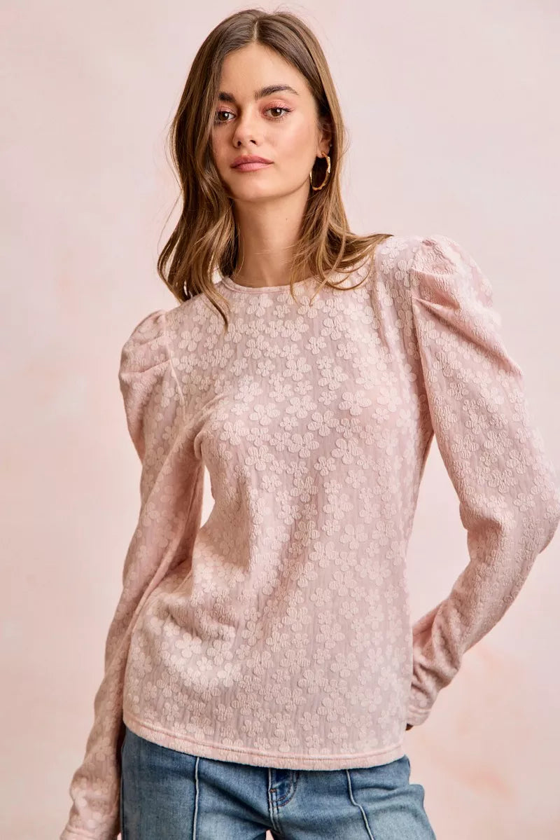 women's bibi textured flower knit puff shoulder top - product detail