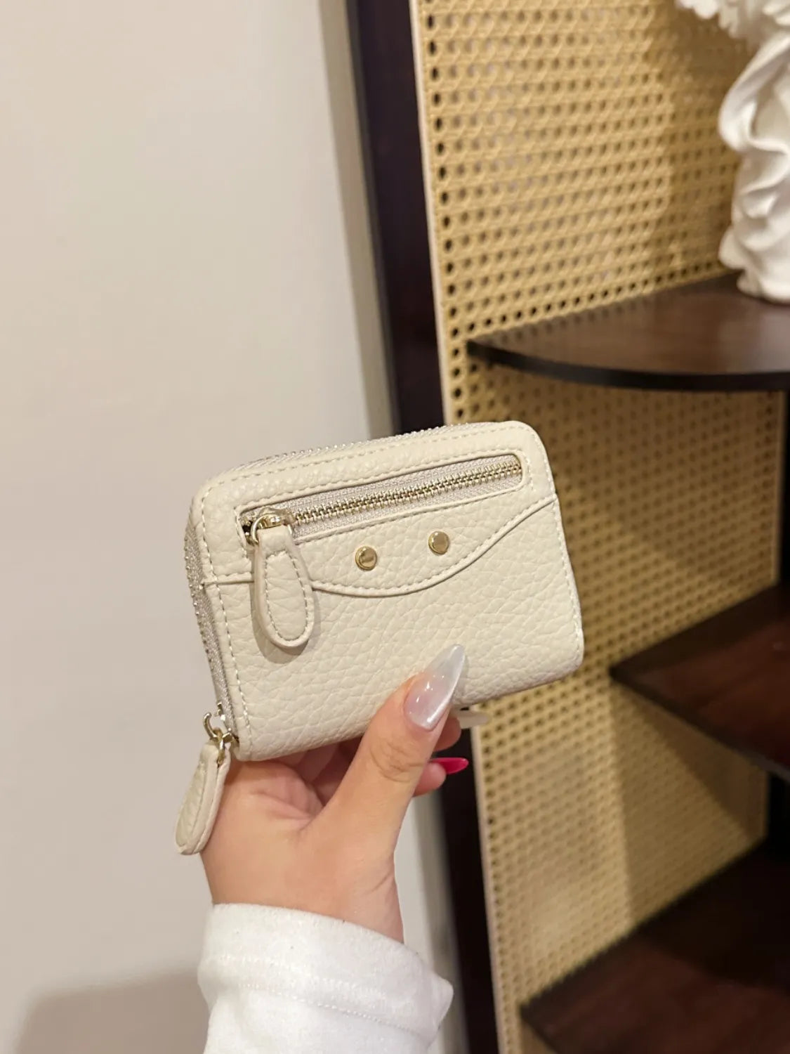 PU Leather Solid Color Card Case Ivory One Size