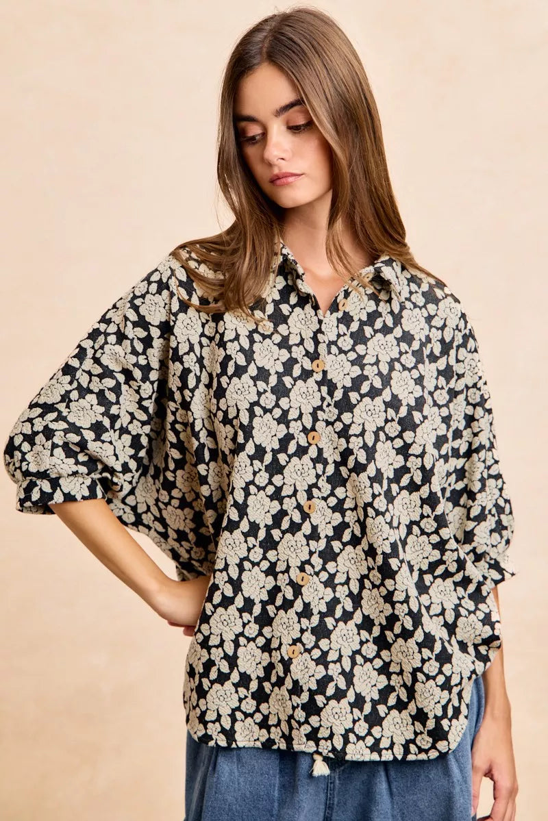women's bibi floral jacquard short dolman sleeves shirt - styling option
