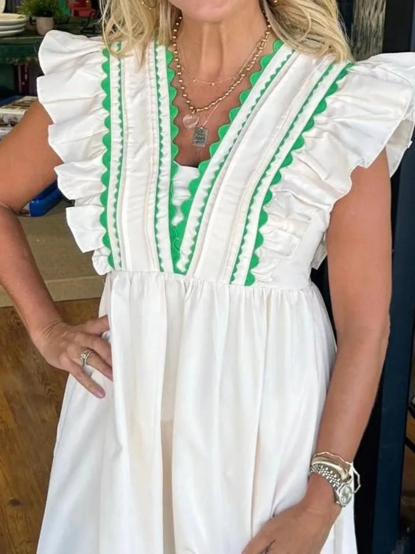 Full Size Contrast Trim Ruffled Cap Sleeve Dress Plus Size