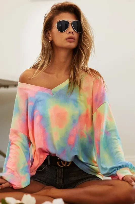 women's bibi tie dye french terry v neck top - additional image