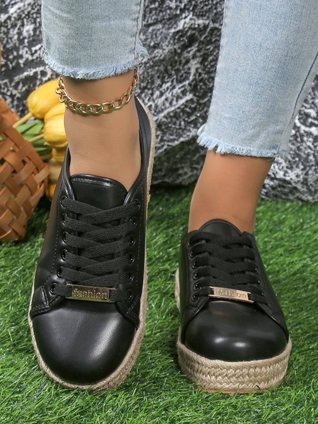 women's round toe platform sneakers - styled view
