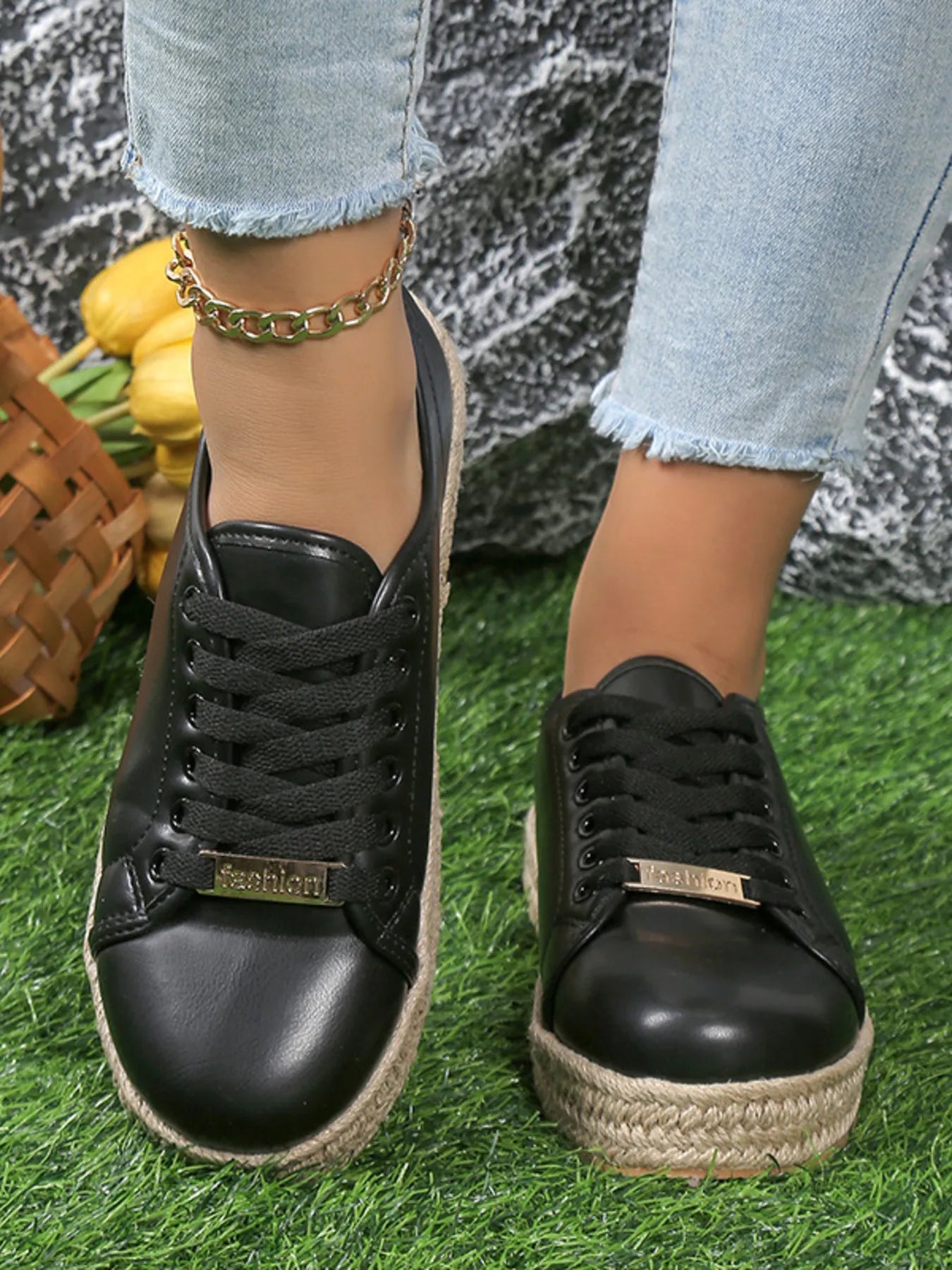 women's round toe platform sneakers - styled view