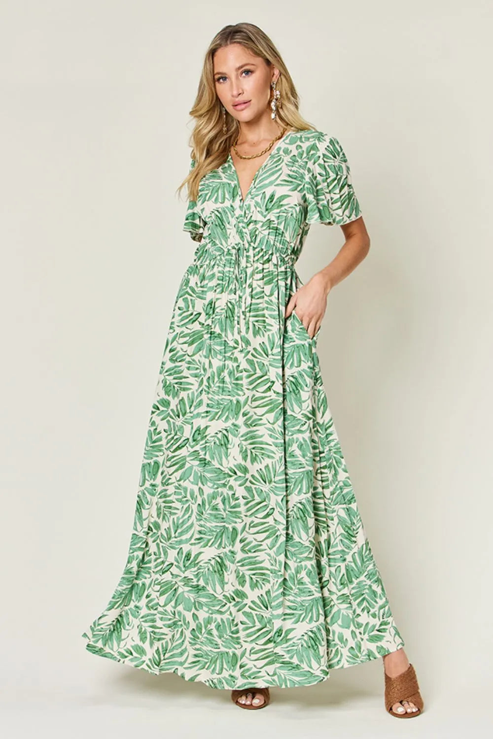 Double Take Full Size Printed Drawstring Short Sleeve Dress Green