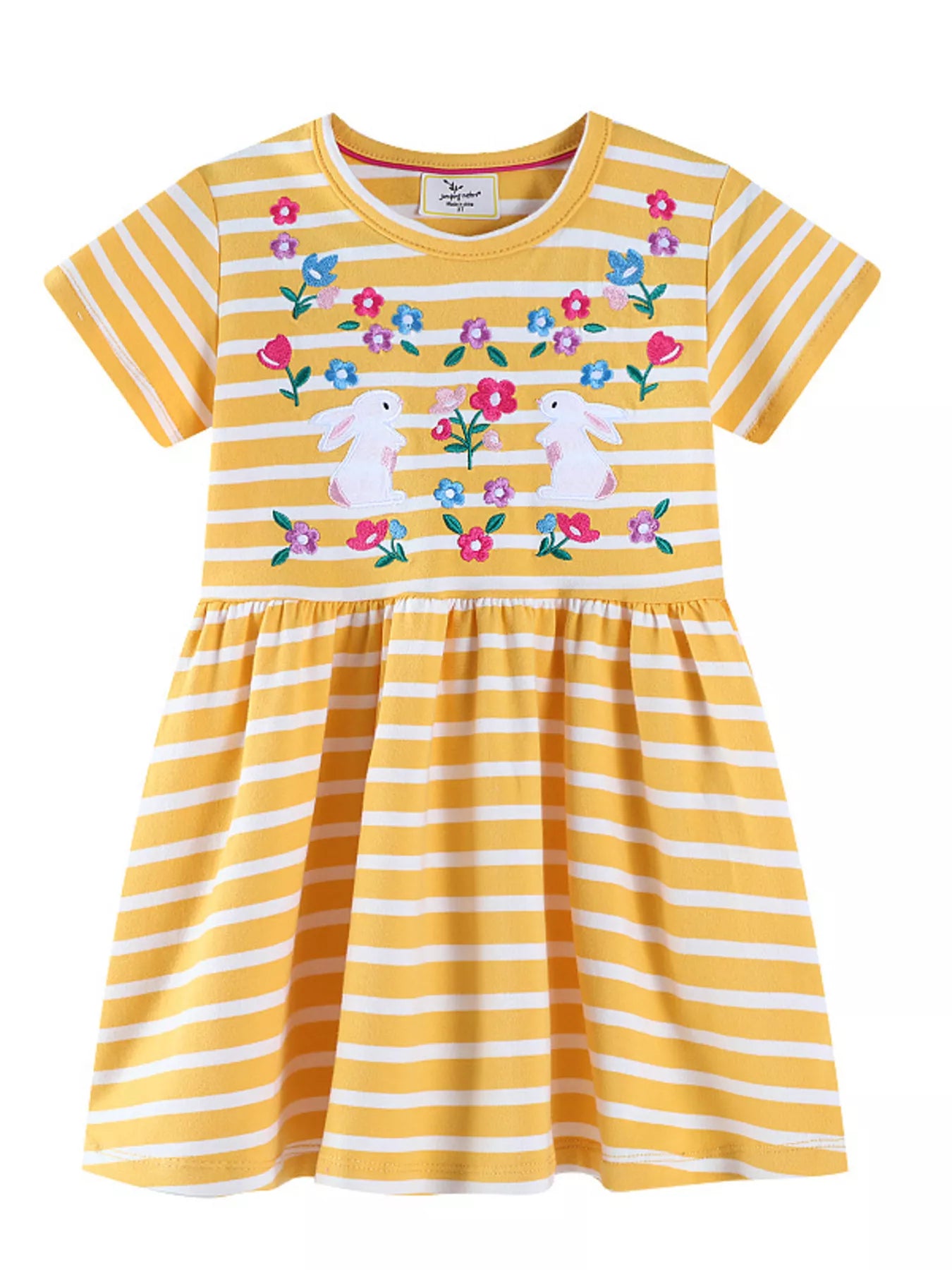 women's children's striped bunny embroidered round neck dress - front view