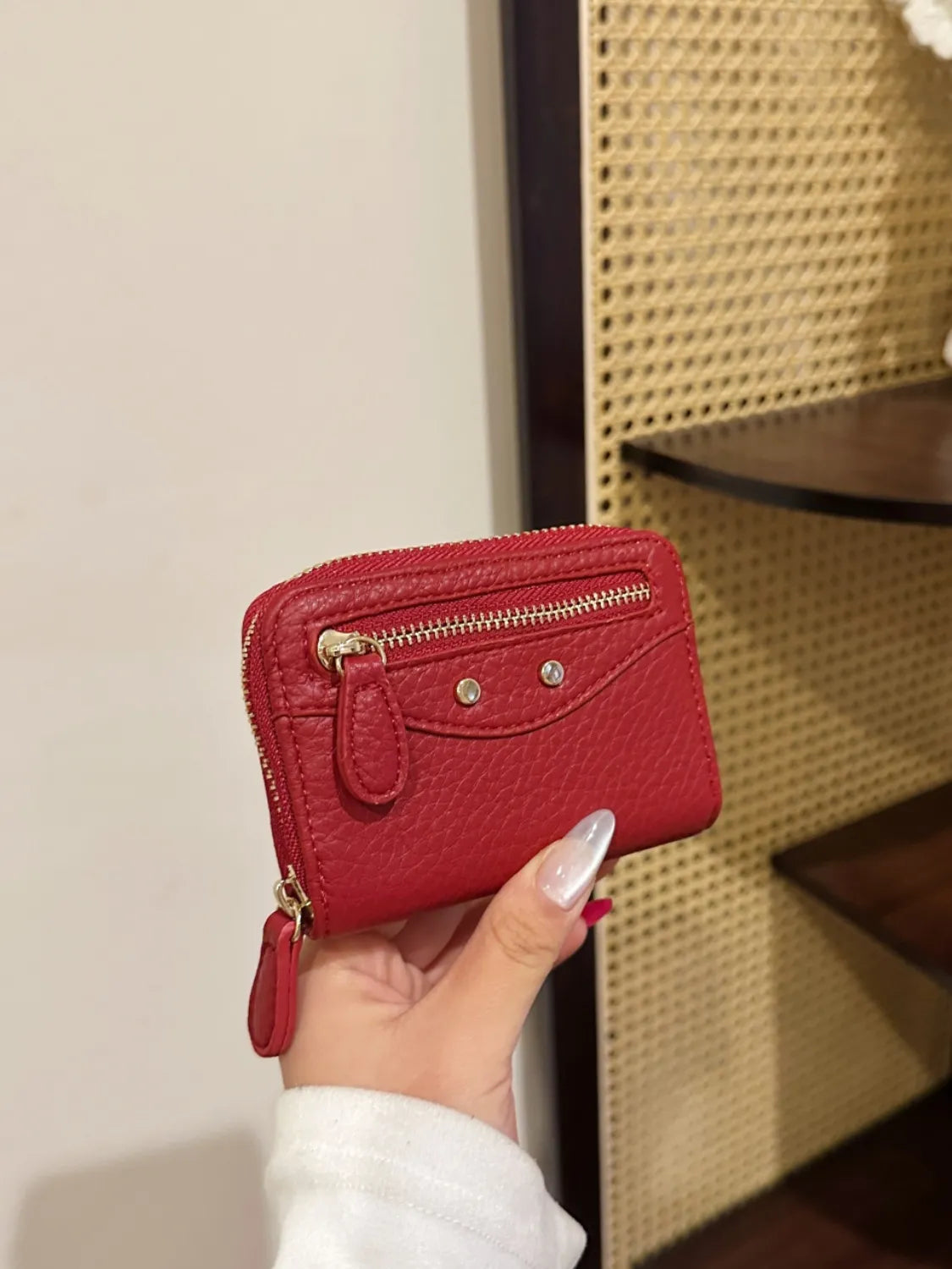 PU Leather Solid Color Card Case Deep Red One Size