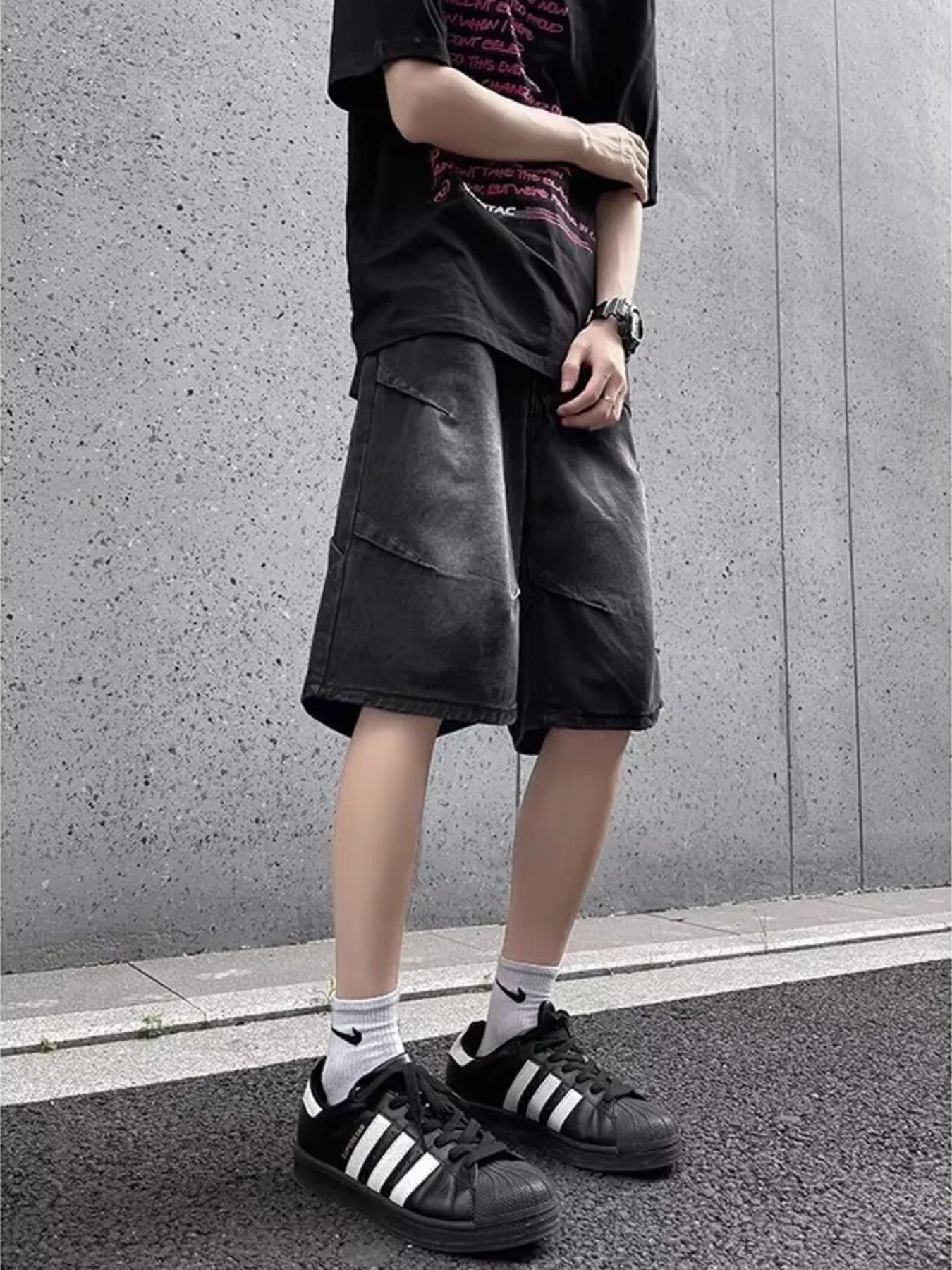 men's men's full size vintage wash wide-leg denim shorts plus size - extra view