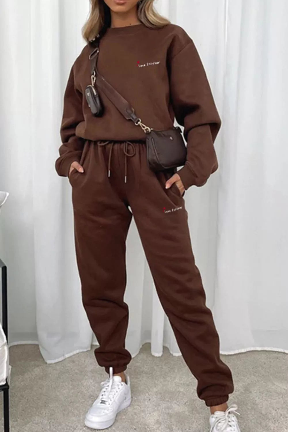 women's round neck sweatshirt and joggers set - product showcase