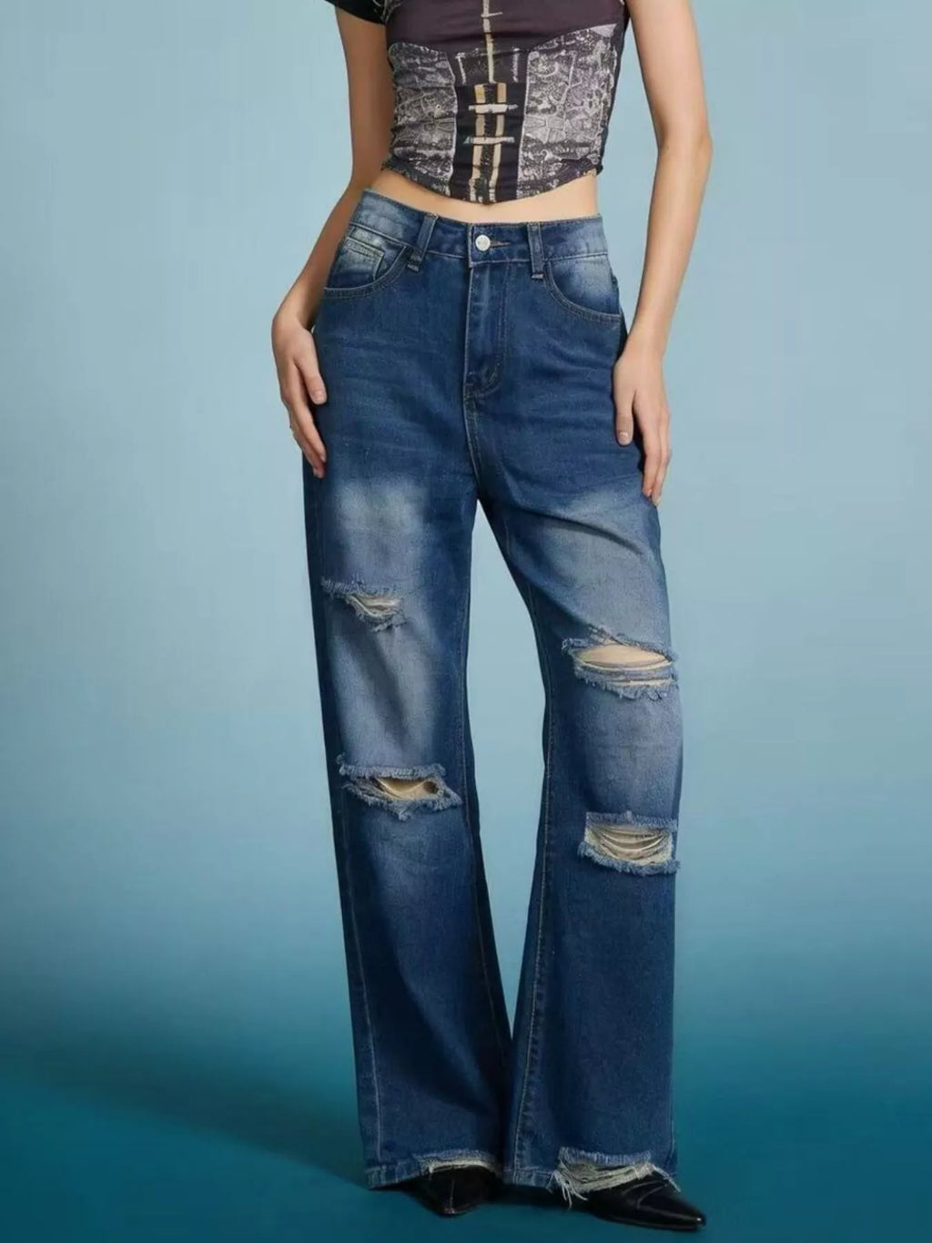 women's distressed wide leg jeans - side view