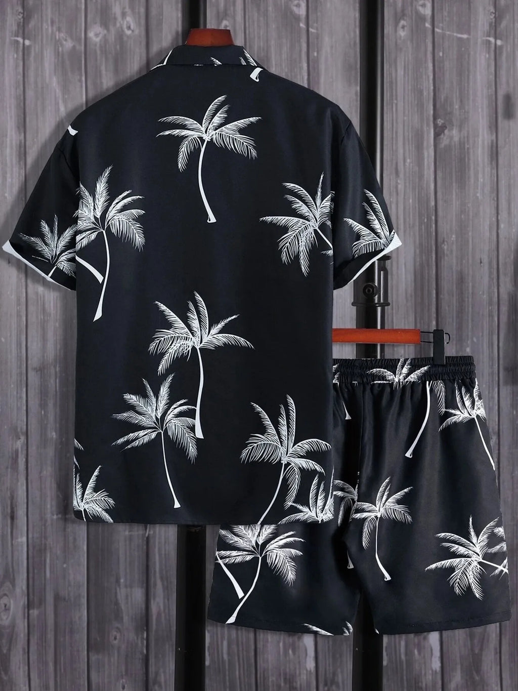 men's men's full size palm print button up shirt and shorts set plus size - side view