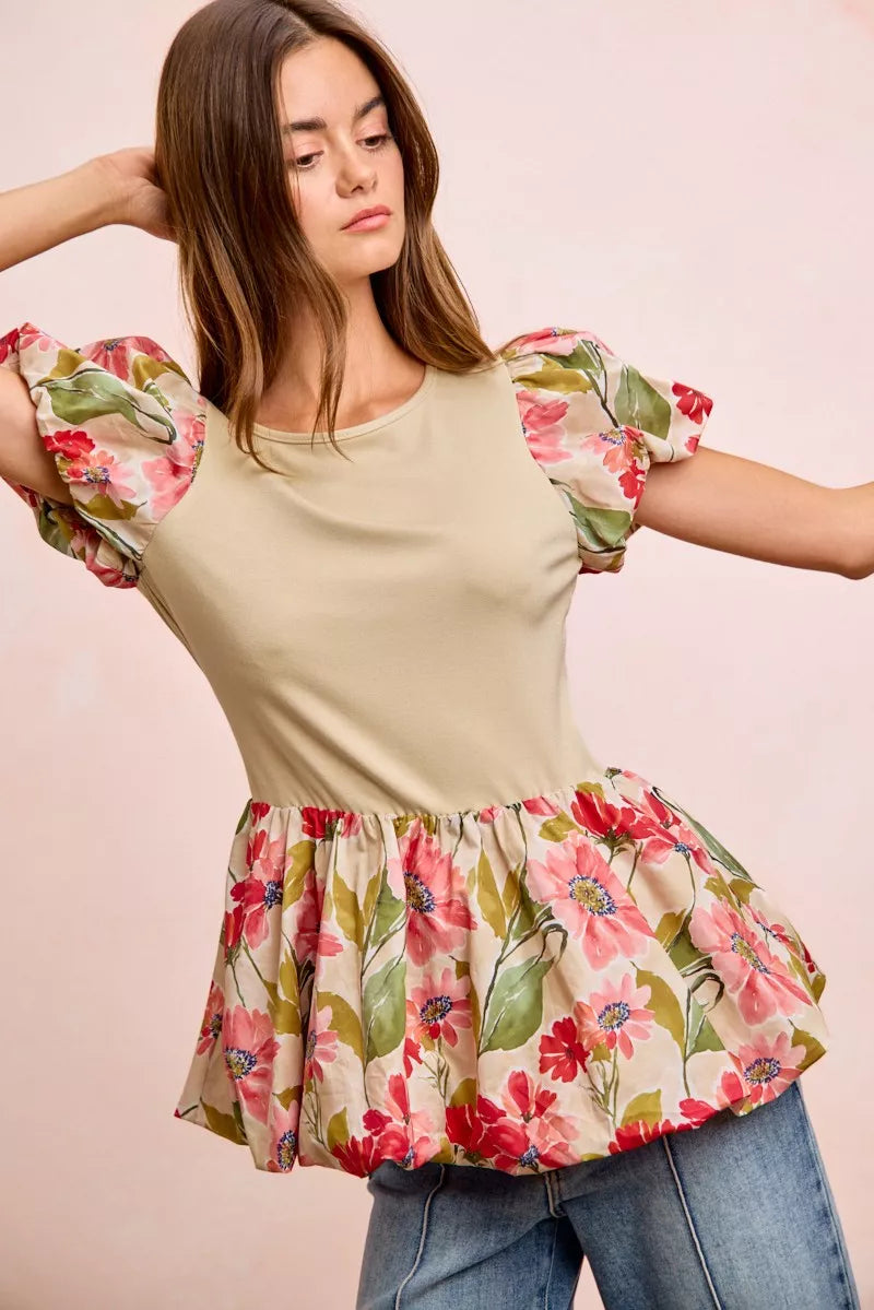 women's bibi floral printed bubble sleeves and hem peplum top - styling option
