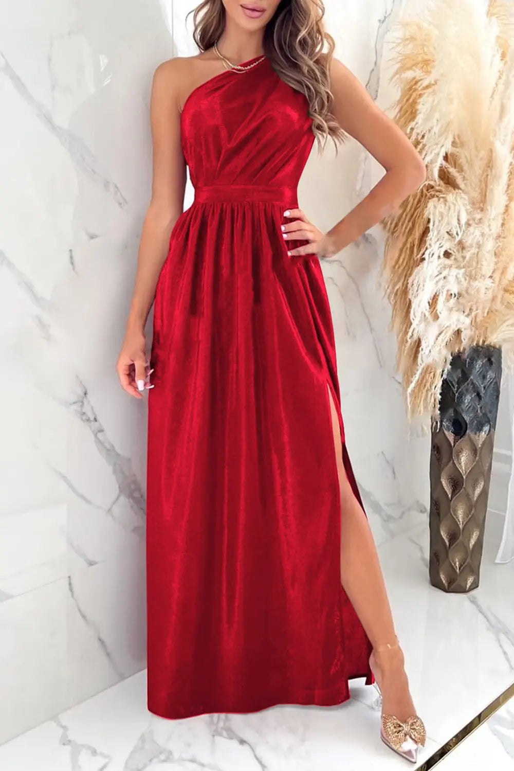 One-Shoulder Slit Ruched Maxi Dress – Donjane Red