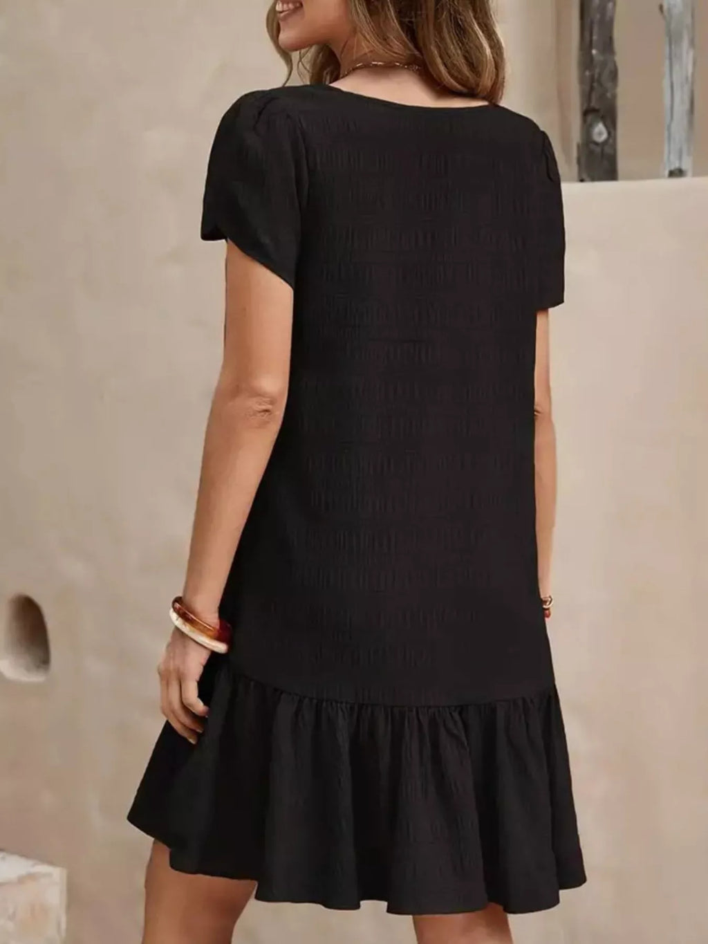 women's v-neck ruffle hem textured mini dress - additional image