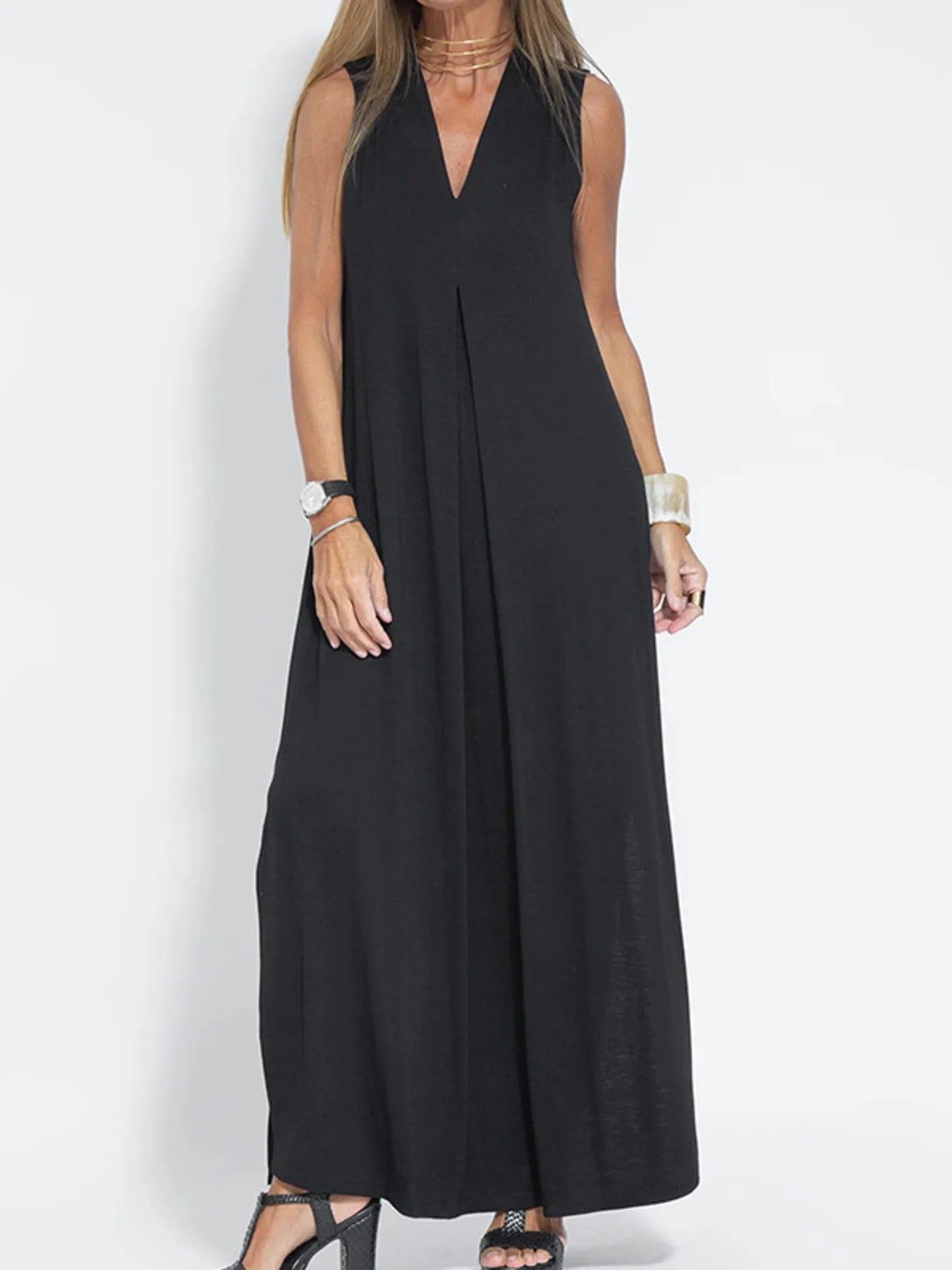 Full Size V-Neck Sleeveless Maxi Dress with Slit Plus Size Black