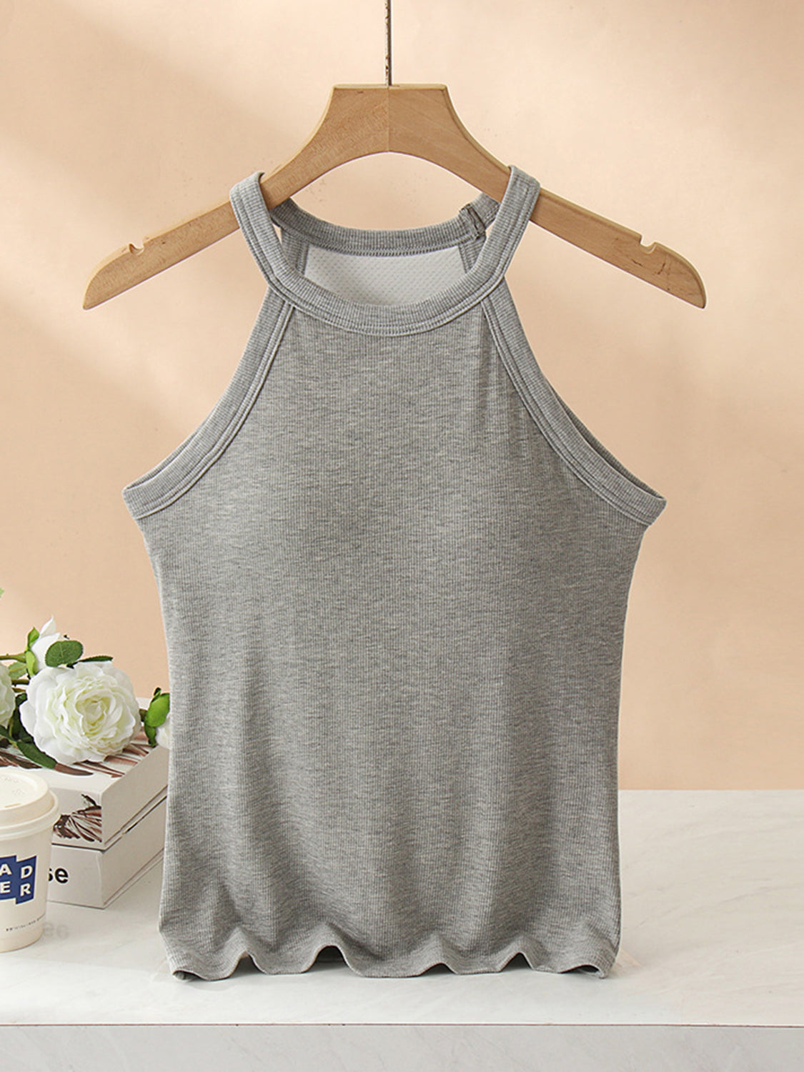 Grecian Neck Tank With Chest Pads Gray