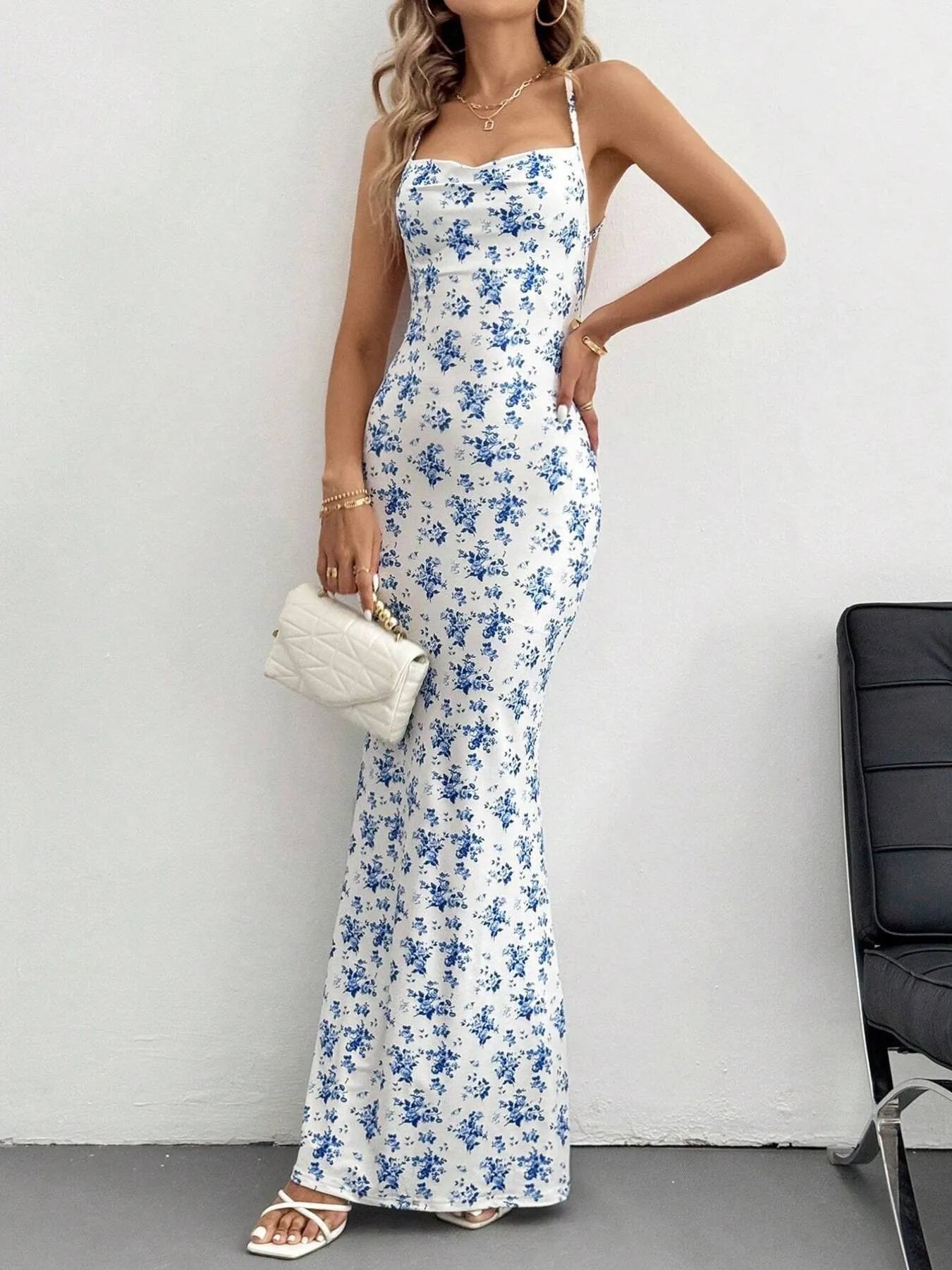 Crisscross Back Floral Print Bodycon Maxi Dress