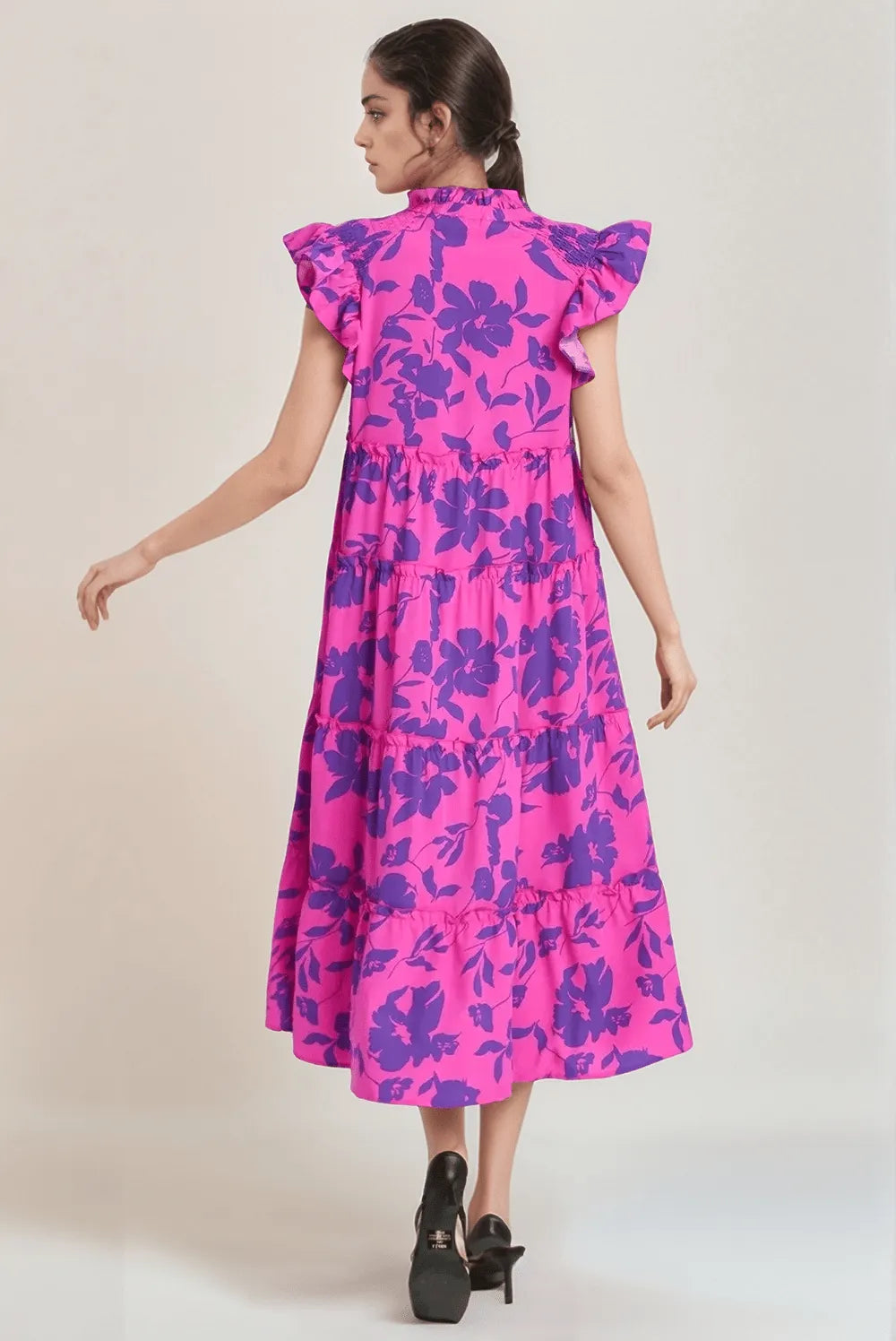 Oh Full Size Ruffled Printed Notched Cap Sleeve Midi Dress