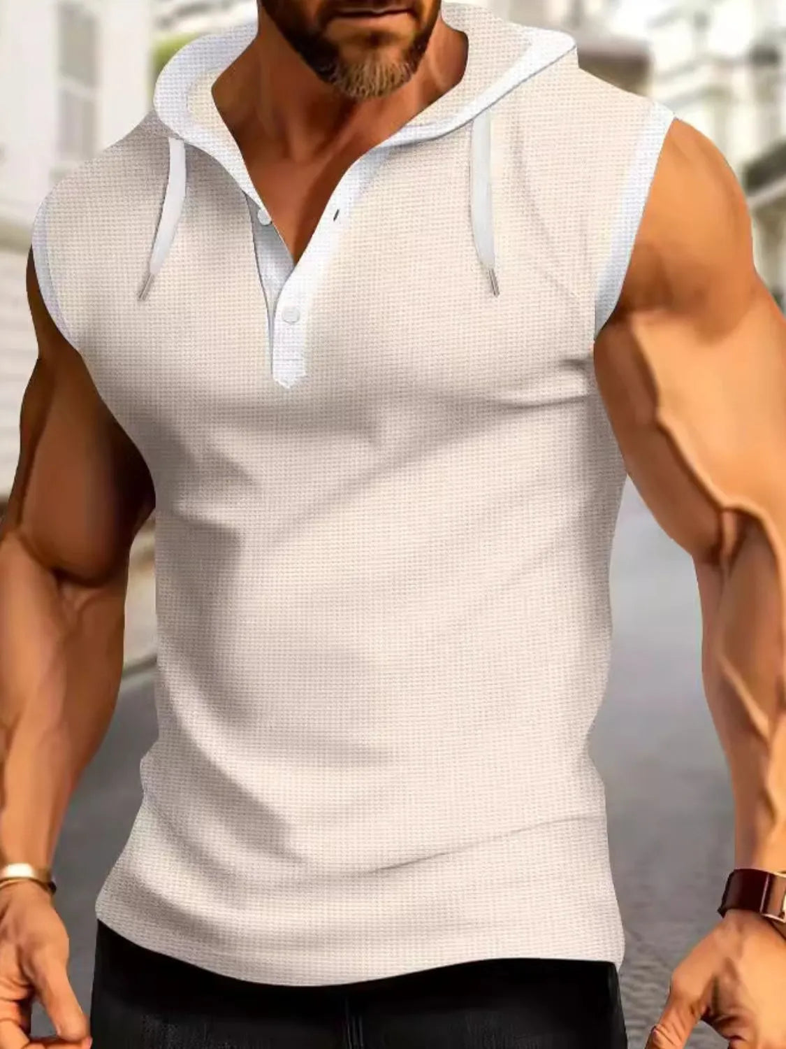 Men's Full Size Waffle-Knit Hooded Tank Plus Size Beige