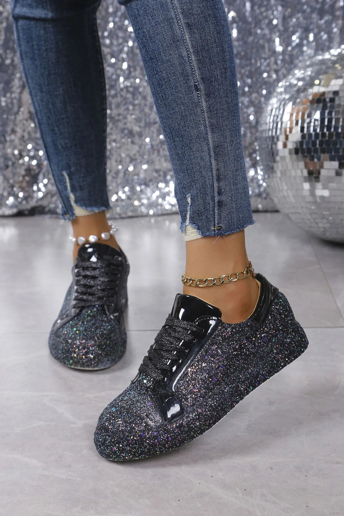 women's glitter sparkle lace up sneakers - front view