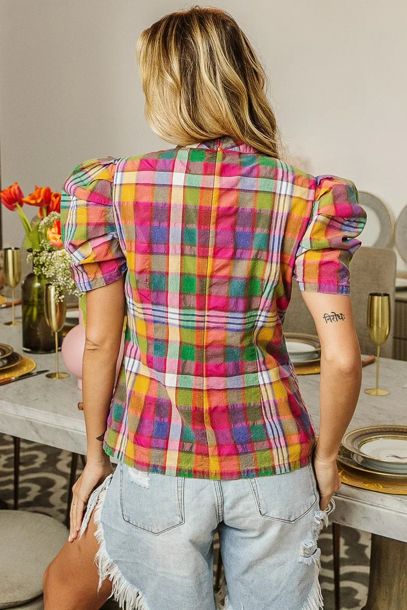 women's bibi short puff sleeve washed vintage plaid top - styling option