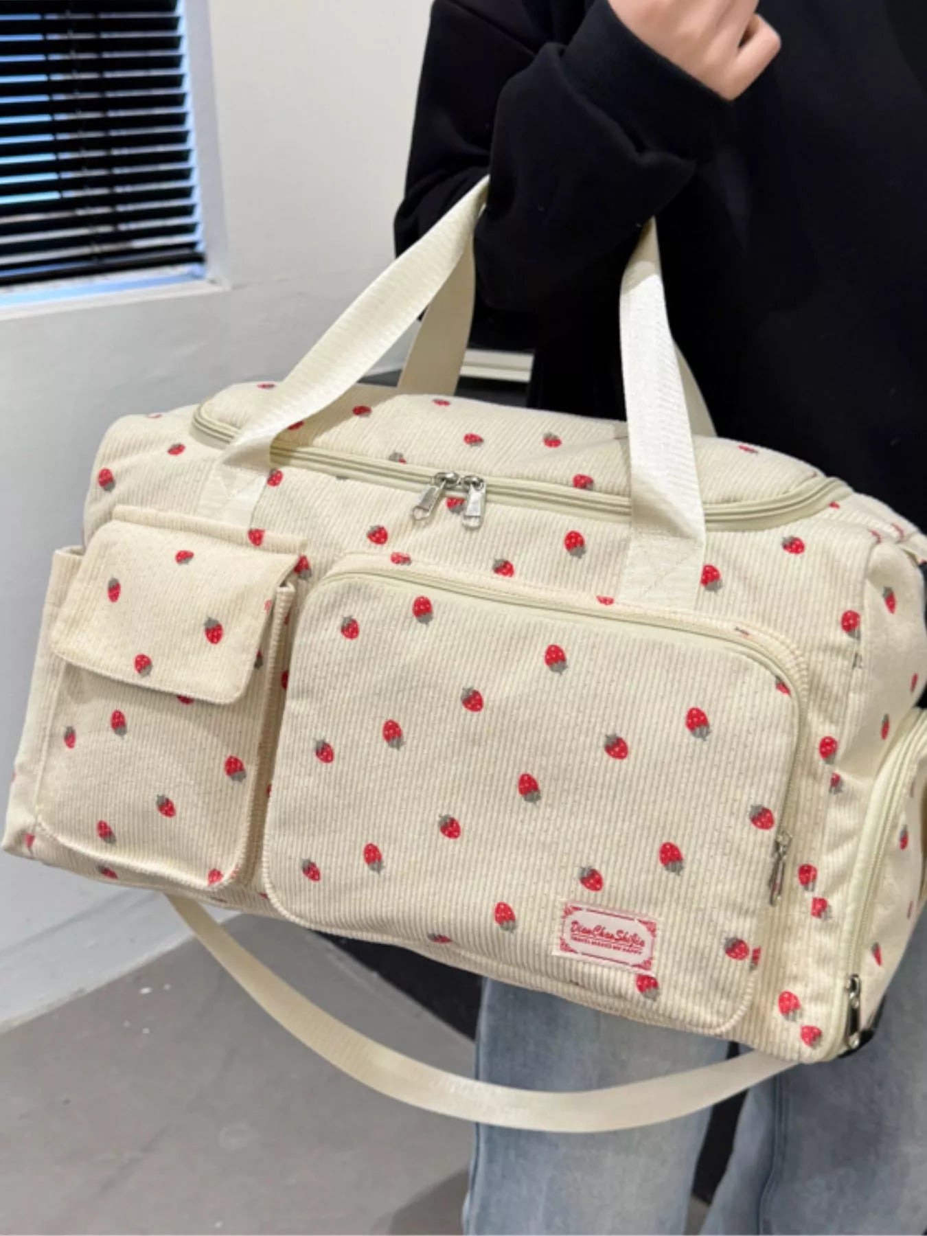 women's strawberry print corduroy travel bag - main product image