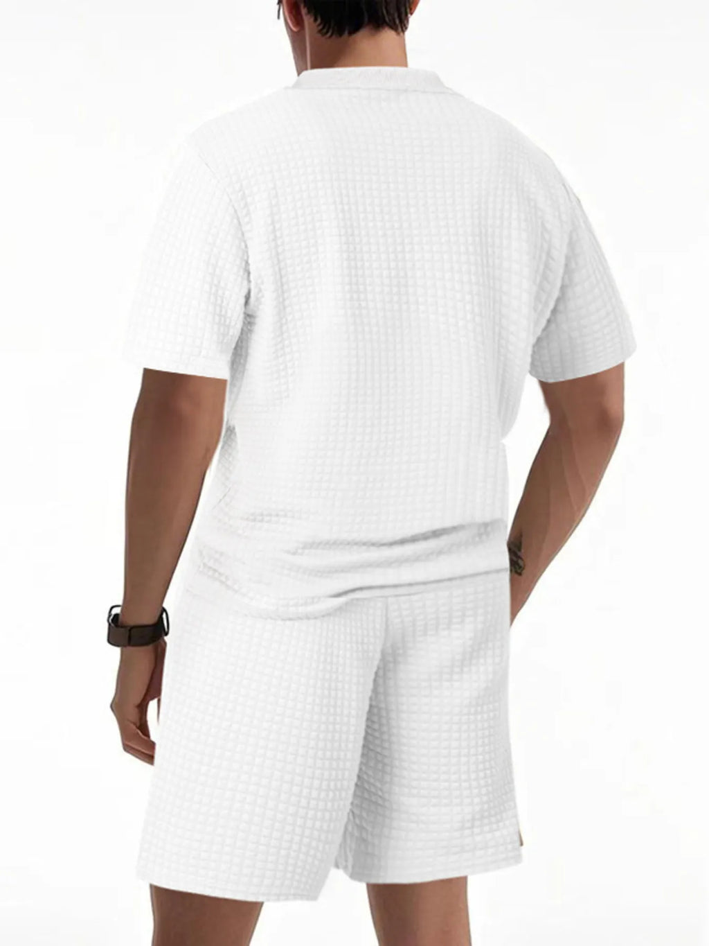 men's men's full size textured round neck top and shorts set plus size - additional image