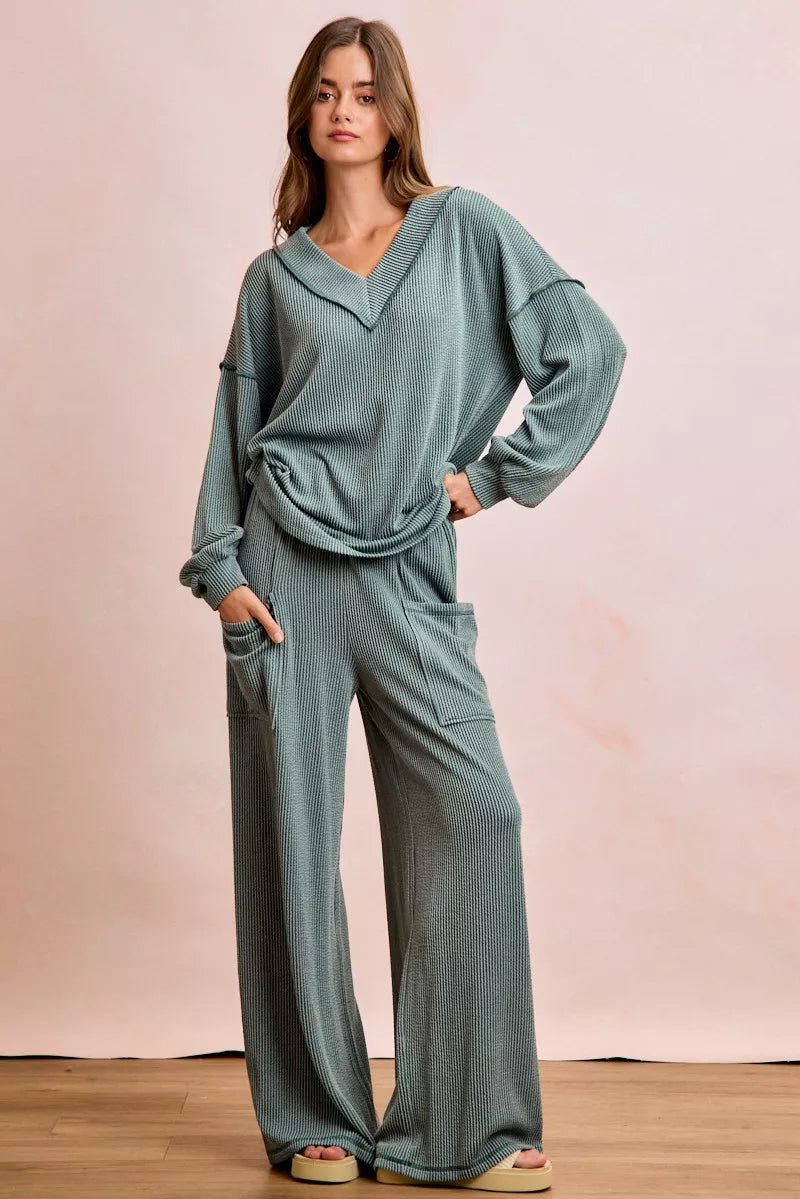 women's bibi two tone cord rib contrast stitching v-neck top and pants set - back view