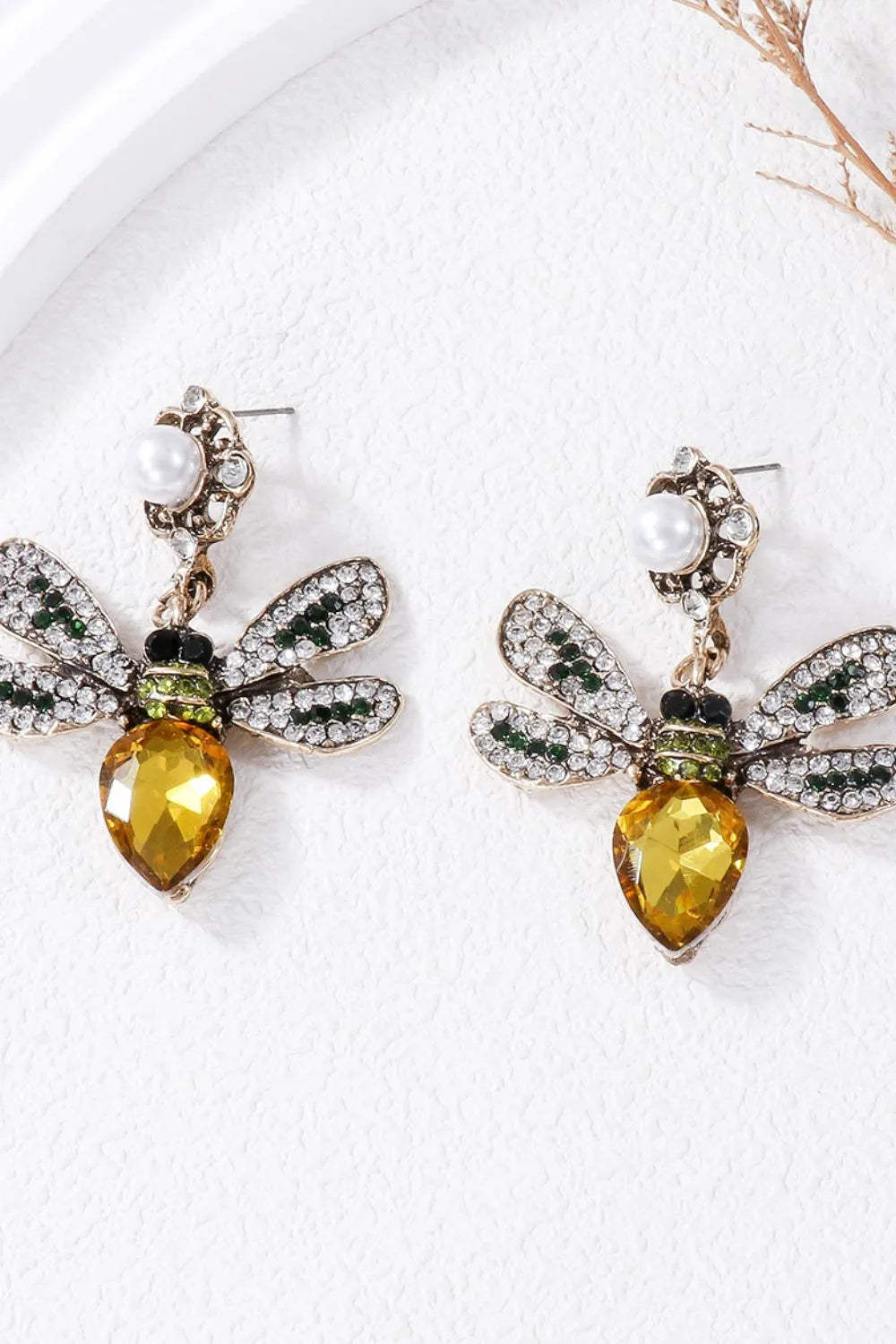 Natural Stone Bee Dangle Earrings Gold One Size