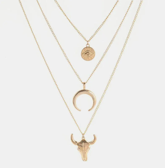 Alloy Three-Layered Bull Head Pendant Necklace Gold One Size