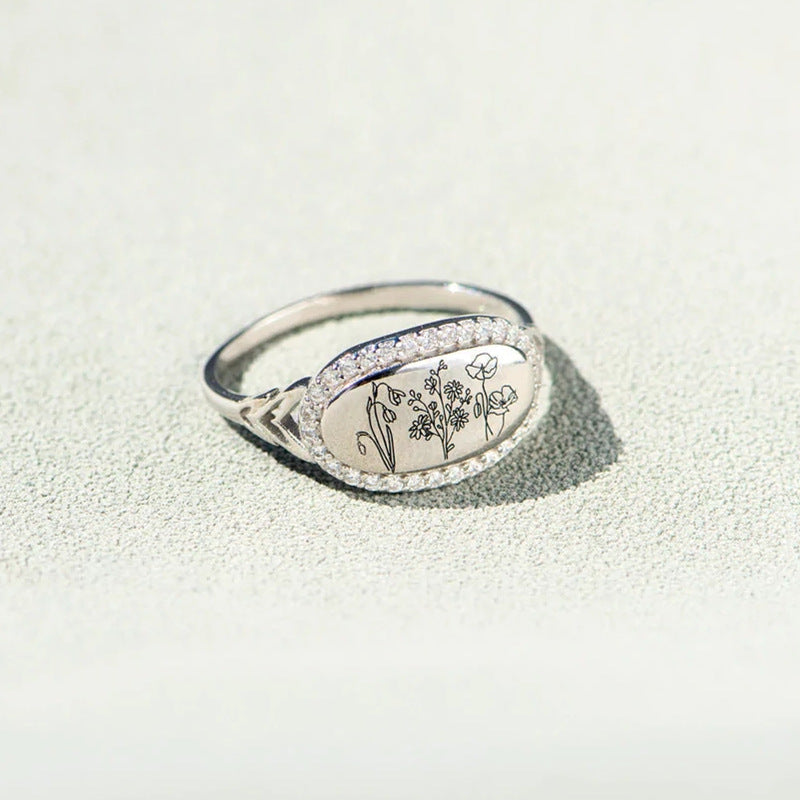 Flower Epoxy Gum Oil Inlaid Zircon Ring Silver