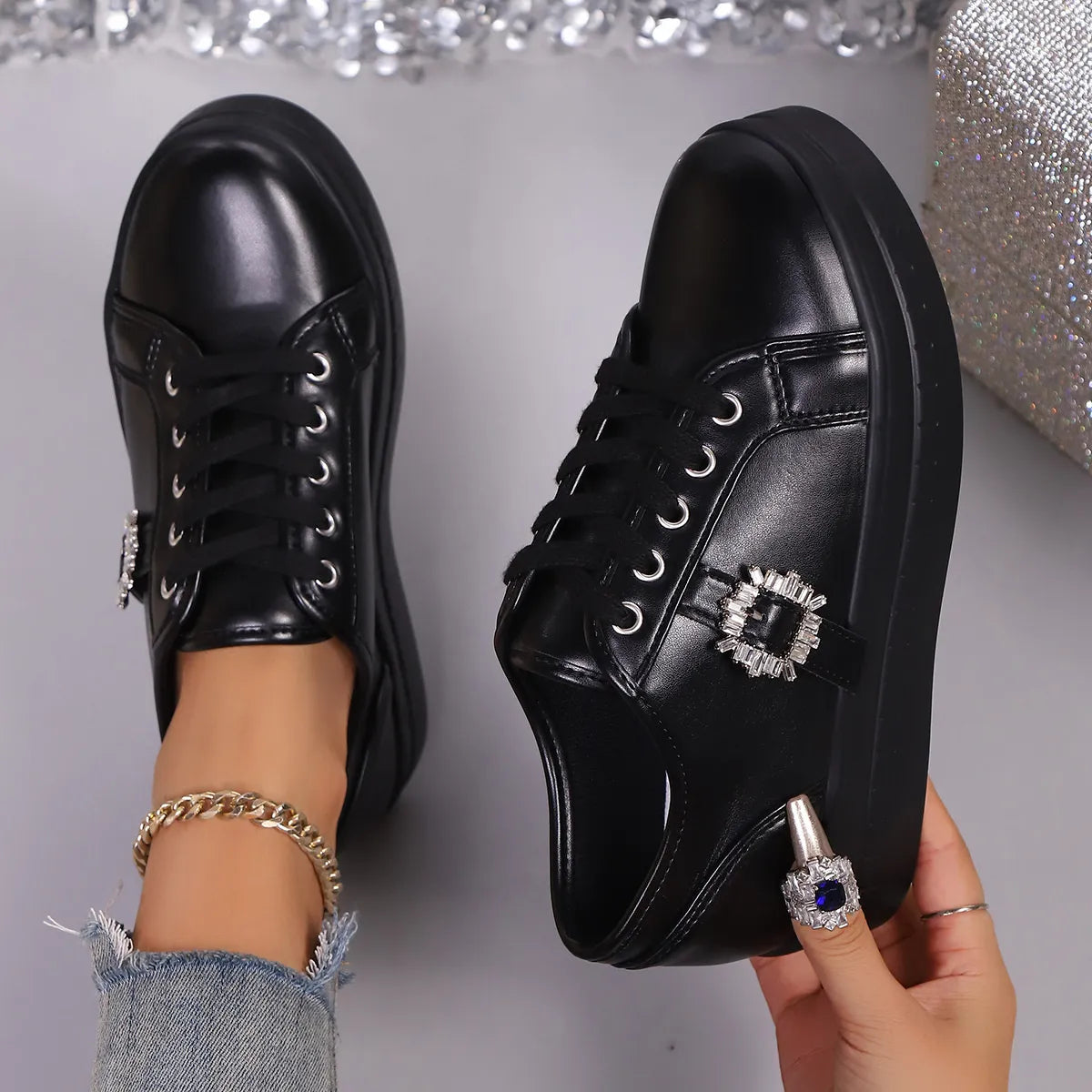 women's rhinestone embellishment platform sneakers - alternate angle