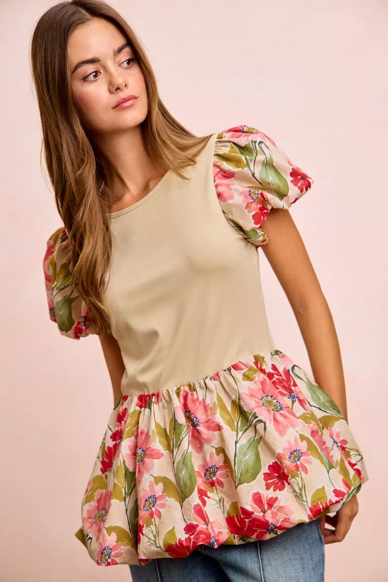 women's bibi floral printed bubble sleeves and hem peplum top - product detail